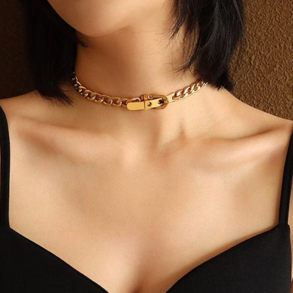 18K GOLD FILLED Choker Collar Necklace, Buckle Chain Necklace